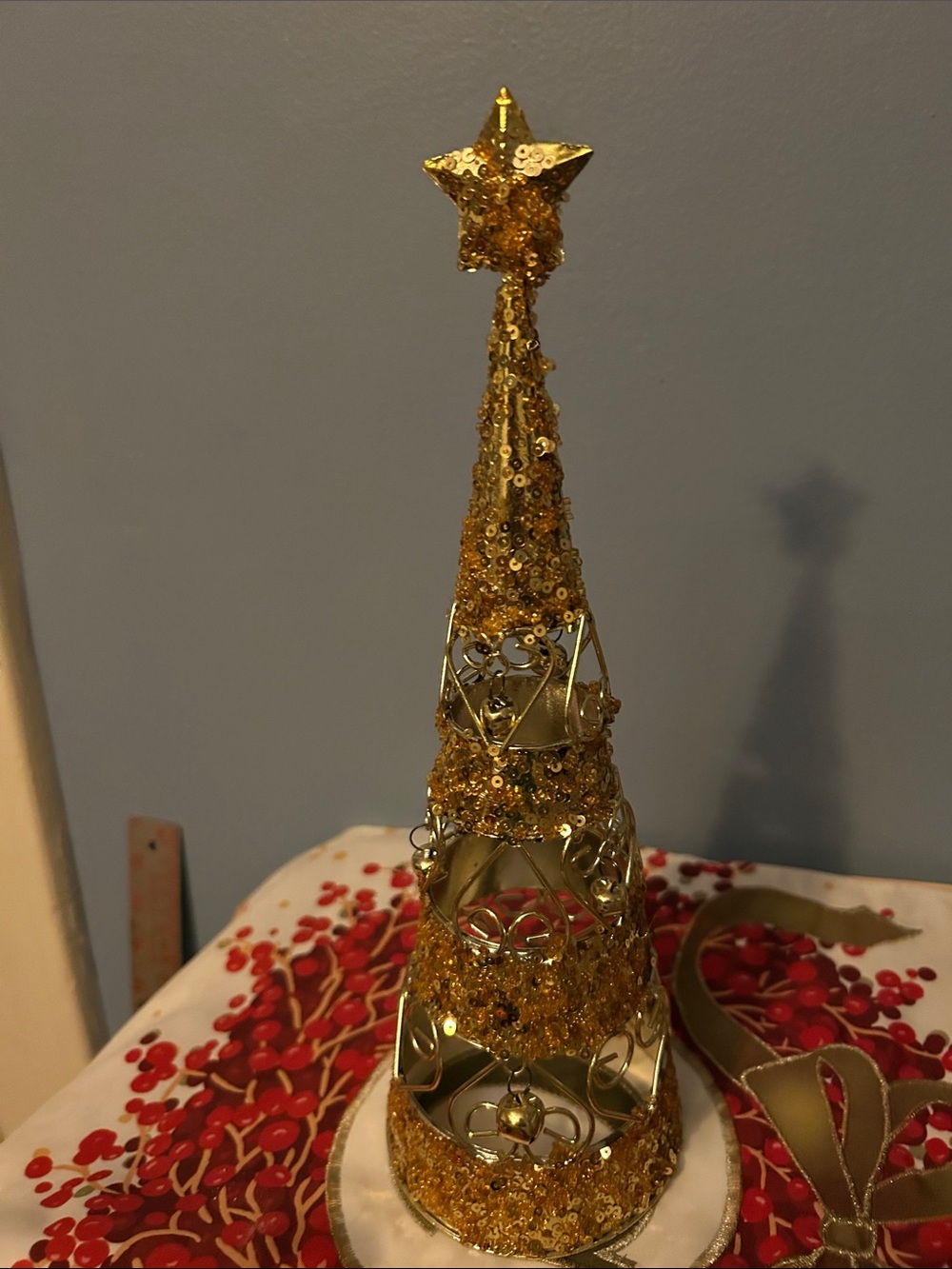 Gold -tone Christmas Tree with gold-tone Star, sequins , jungle bells, hearts